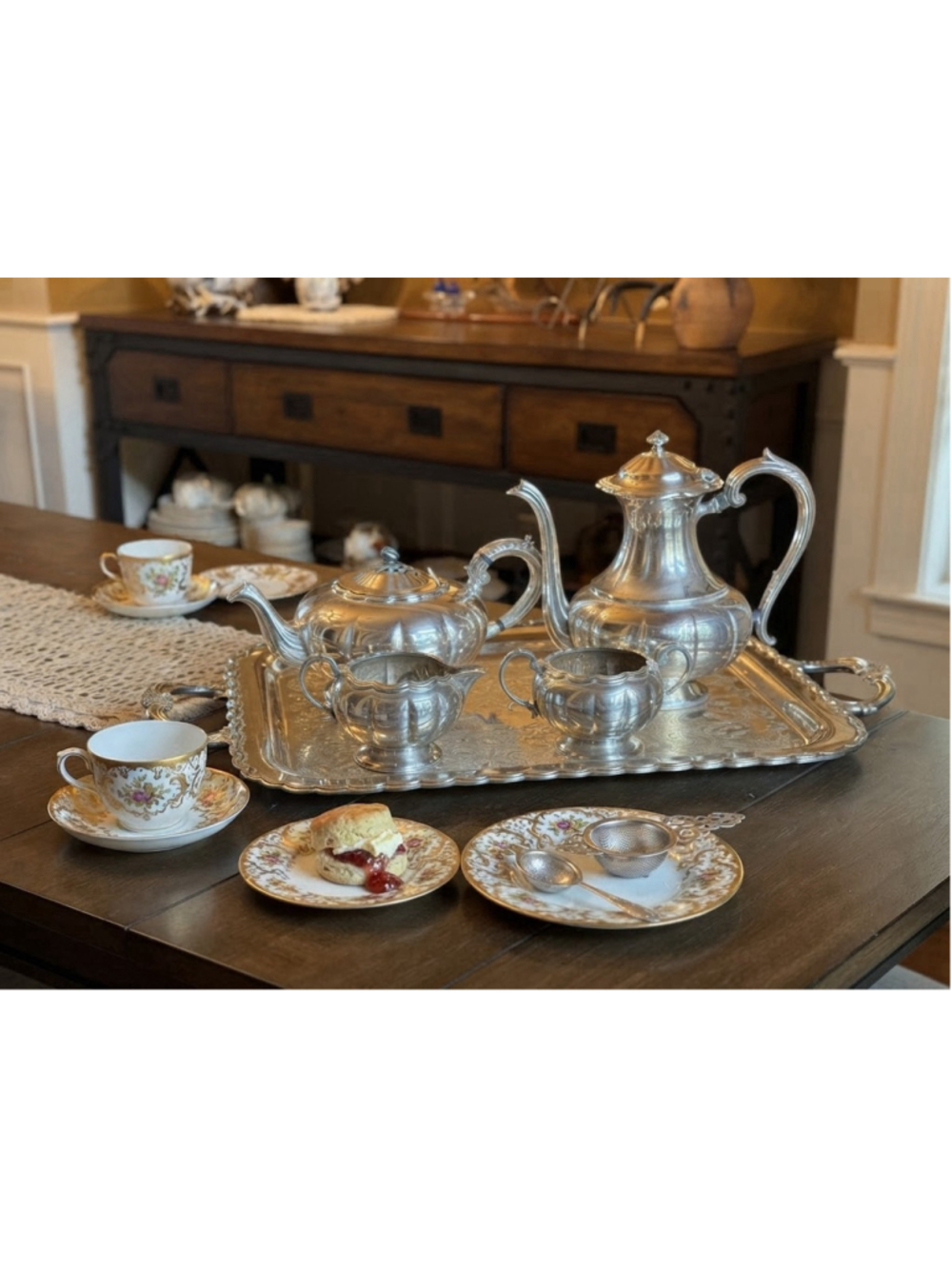 Antique LOUIS XV STYLE Primrose Plate SILVER-PLATED TEA AND COFFEE SET of 5